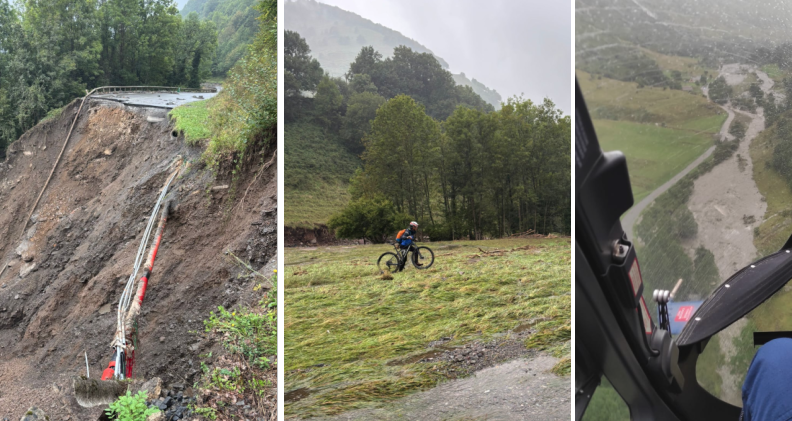 Trois photos placées côte à côté montrent une route détruite par les intempéries, un gendarme se déplaçant à vélo sur une étendue d'herbe et un gendarme (dont on aperçoit uniquement la jambe et le bras) dans un hékicoptère survolant un secteur frappé par les intempéries