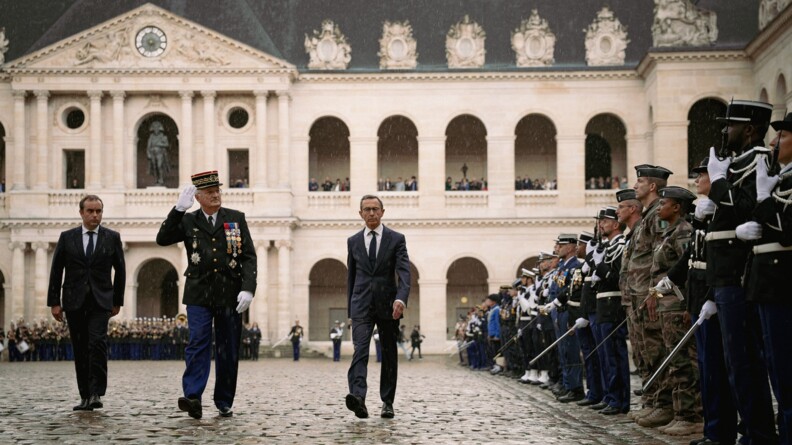 Le directeur général de la gendarmerie, entouré du ministre des Armées et du ministre de l'Intérieur, salue les troupes lors de la revue dans la cour d'honneur des Invalides.