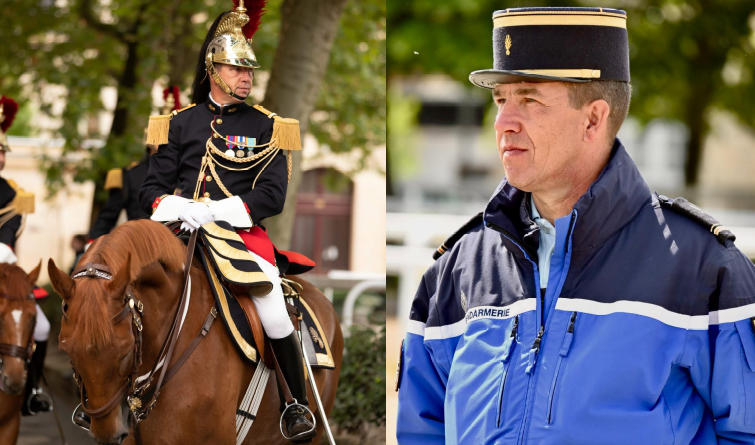 Le major Philippe à cheval en tenue de garde à gauche et en tenue de service courant à droite.