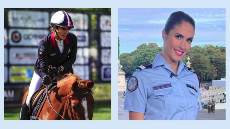 Deux portraits de la même femme dans des situations différentes; à gauche, en tenue d'équitation sur un cheval dont on voit le haut du corps; à droite, portrait en buste en tenue de capitaine de gendarmerie avec une chemisette bleue de une place et des arbres au fond