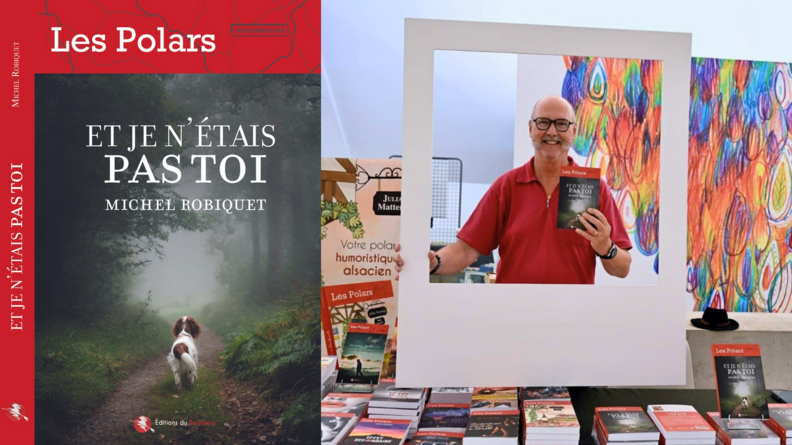 La couverture de livre du général (2S) Michel Robiquet avec son portrait à côté, il est souriant et tient son livre en main durant un salon littéraire