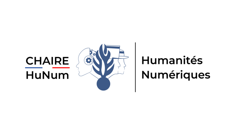 Logo de la Chaire HuNum - présente les personnages de la chaire avec la mention humanités numériques