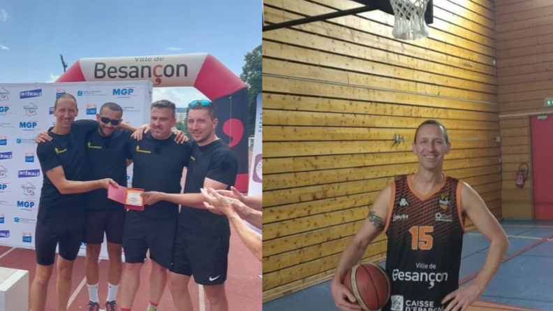 A gauche, 4 gendarmes en tenue de sport tiennent un prix; à gauche, portrait en buste d'un basketeur en tenue noire et orange, tenant un ballon sous le bras, sous un panier de basket dans un gymnase