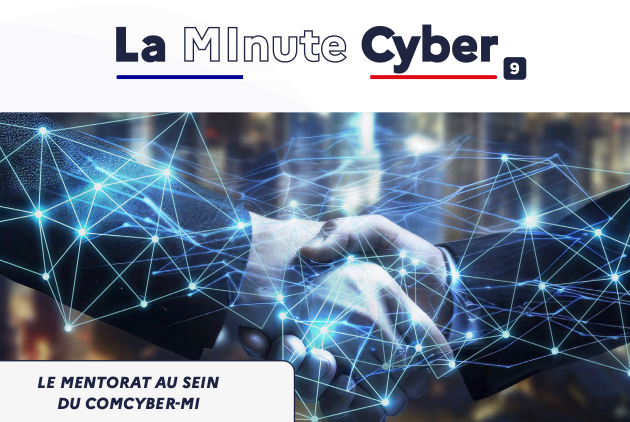 Deux mains se serrent sous un dessin de réseau ou carte mentale blanche avec en bas à gauche la mention "le mentorat au sein du Comcyber-MI"