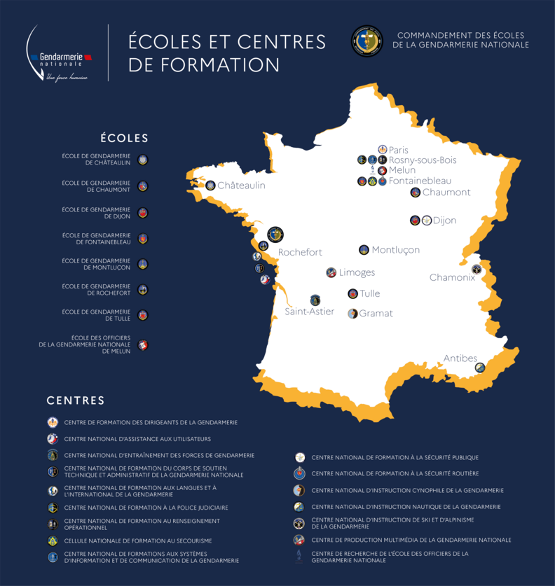 Carte des écoles et des centres fe formation de la gendarmerie nationale