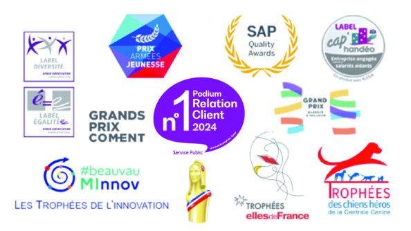 Différentes récompenses présentées : Label diversité, Prix Armées jeunesse, SAP Quality Awards, Label cap handéo, Label égalité, Grands prix COMENT, n°1 Podium Relation Client 2024, Grand Prix Diversité & Inclusion, beauvau MInnov les trophées de l'innovation, Trophées elles de France, Trophées des chiens héros de la Centrale Canine